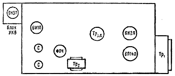 Расположение ламп и основных узлов па шасси радиолы "Ижевск".