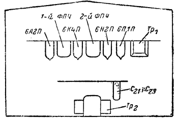 Расположение ламп и основных узлов па шасси радиолы "Казань-57"